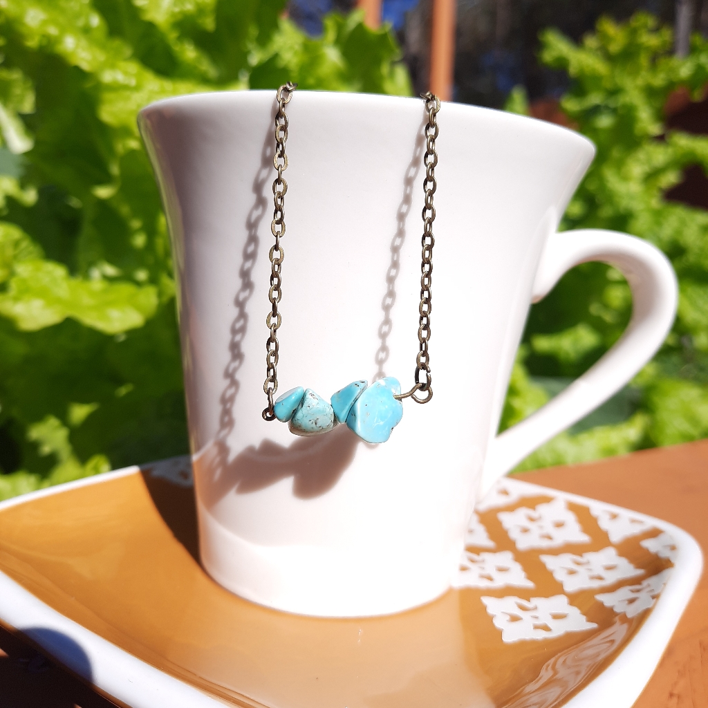 Turquoise Bronze Irregular Stone Chip Necklace 18$